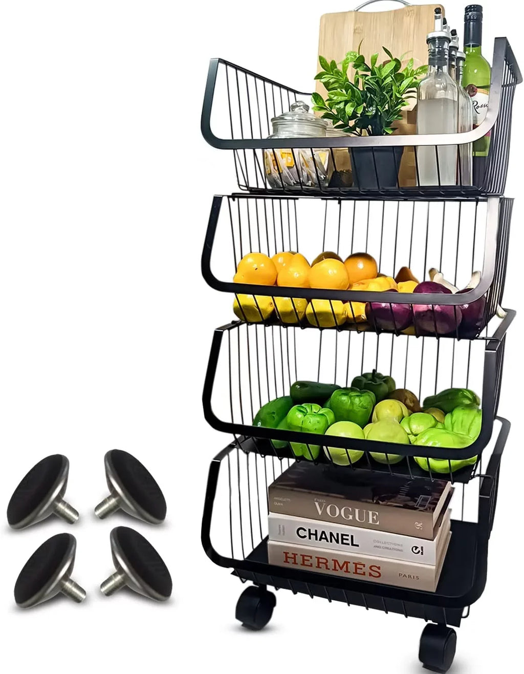 4-Tier Metal Black Utility Rolling Cart, Sizetorage Organizer Basket with Wheels