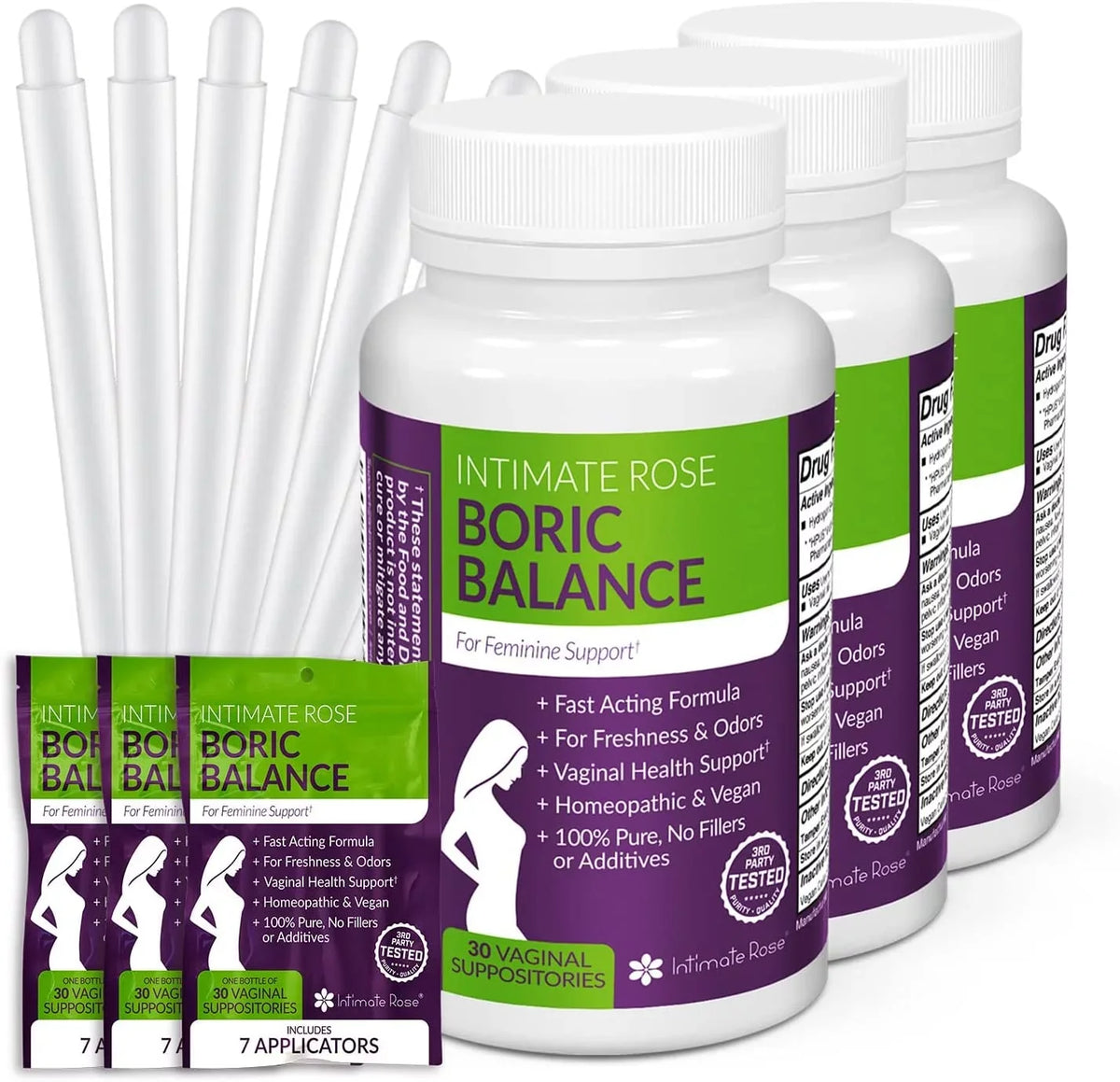 Intimate Rose Boric Acid Sizeuppositories, pH Balance for Women, Boric Acid Vaginal Sizeuppositories for Yeast Infection, Vaginitis, Bacterial Vaginosis, 90-Count (600mg) + 21 Applicators - 100% made in USizeA