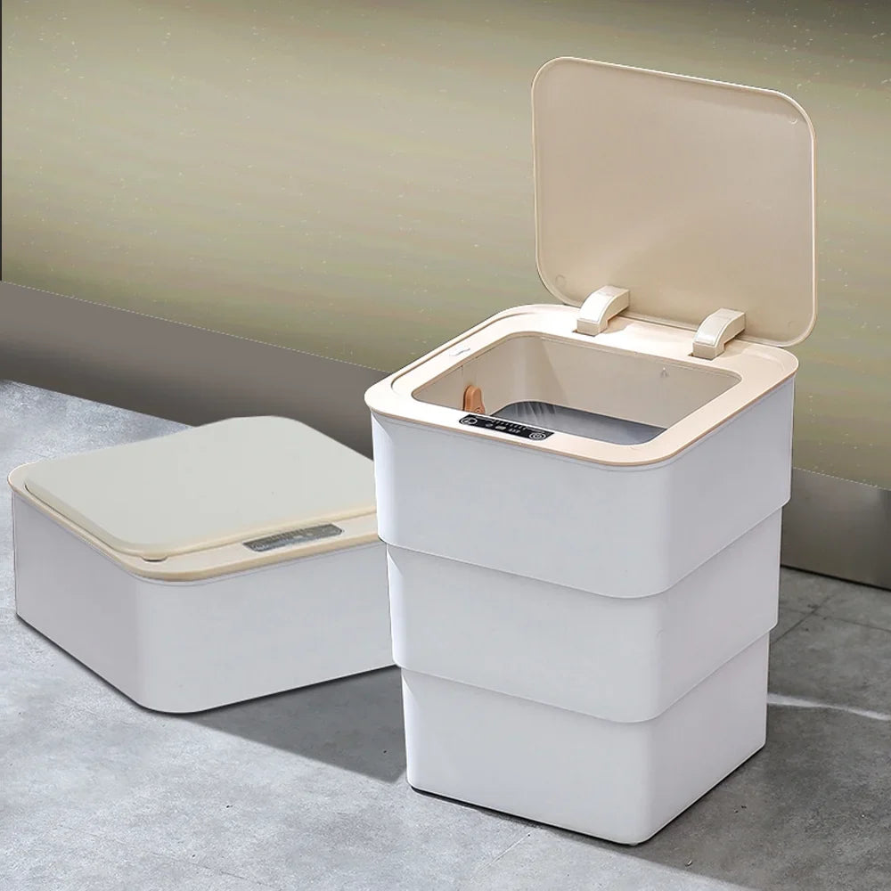 Holdpeak 18L/4.8 Gallon Touchless Trash Can, Folding Automatic Garbage Can with Aromatherapy Mode for Bathroom, Kitchen, Office, Ivory