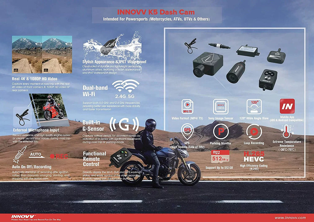 INNOVV K5 Dual Channel Motorcyle Motocam with 4K Ultra HD Resolution, WiFi, GPSize, Parking Mode and IP67 Water Resistance (32GB)