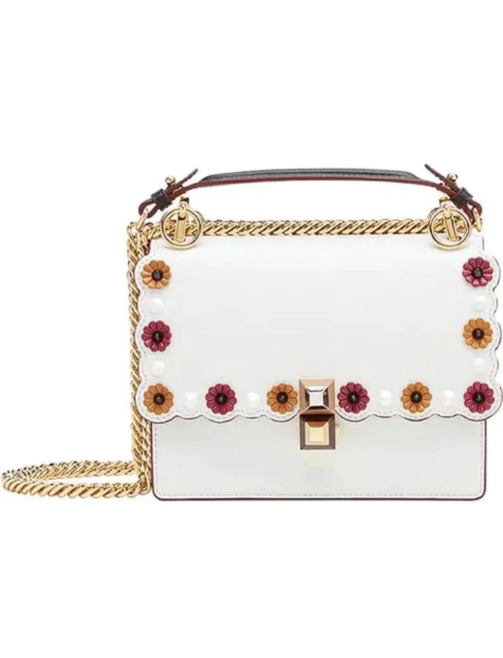 New Fendi Kan I Ivory Multi Color Flowers Leather Chain Bag