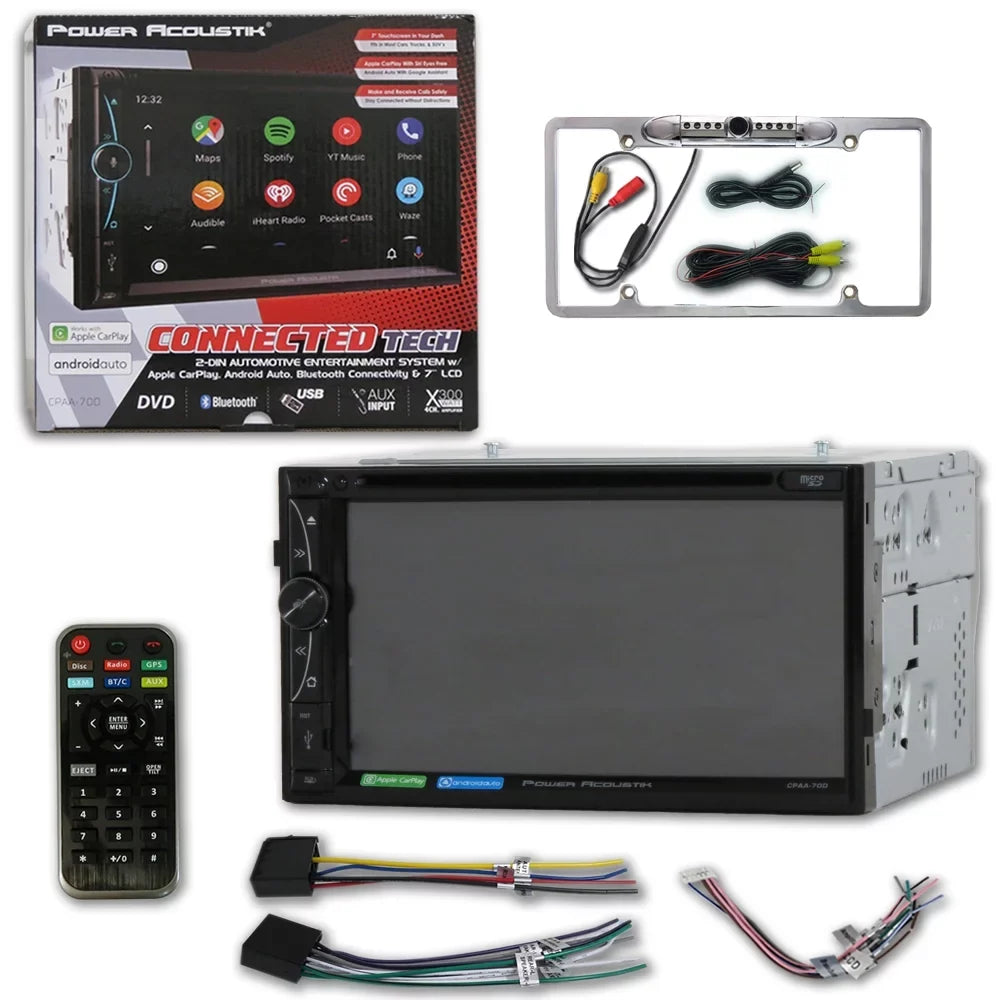 Power Acoustik CPAA-70D 2 Din 7" DVD CD Sizetereo Bluetooth W/ Apple Carplay & Android Auto with DCO Full License Plate Night Vision Waterproof Back-up Camera