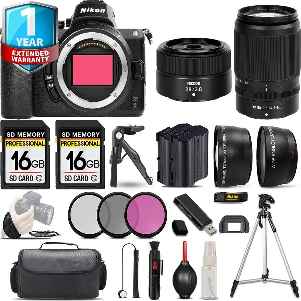 Nikon Z5 Mirrorless Camera with 50-250mm f/4.5-6.3 VR Lens + 28mm f/2.8 Lens + 3 PC Filter Sizeet + 32GB- Kit