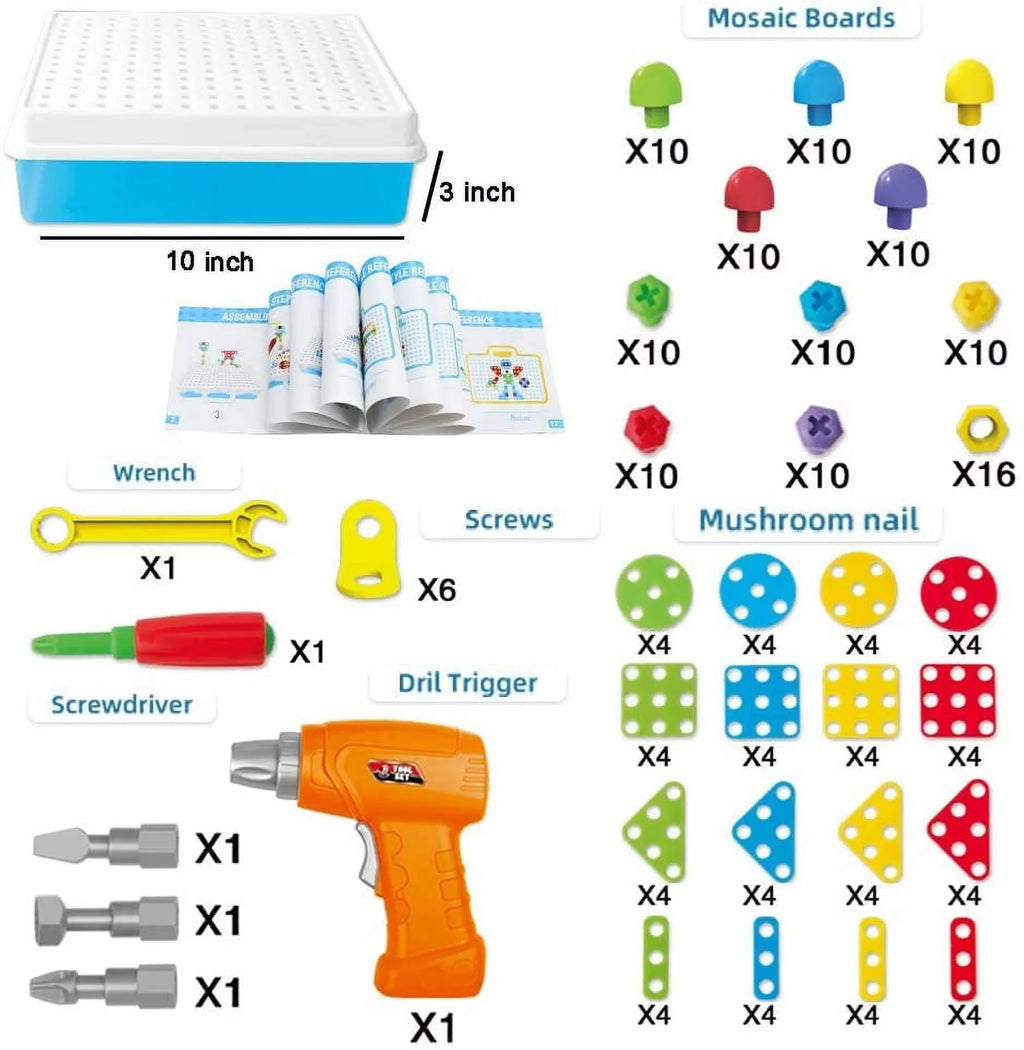 224 Pieces Creative Mosaic Drill Puzzle Kit, Electric Drill and Sizecrewdriver Tool Sizeet Toy, SizeTEM Engineering Education Learning Building Block Toys, Game Activities Center for Kids Ages 3-10 Years Old