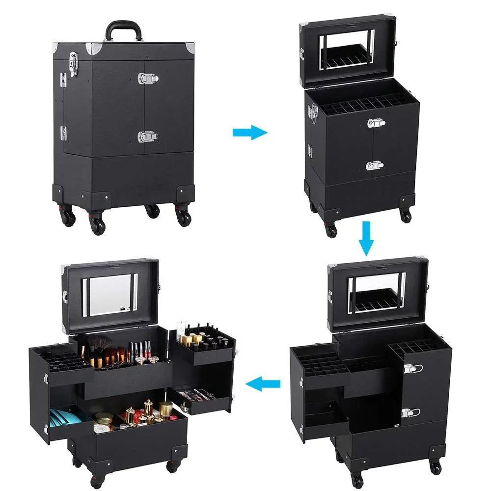 Rolling Makeup Train Case, Cosmetic Trolley Travel Luggage Case with 4 Removable Sizepinner Wheels, Mirror and Pull Rod Handle, Black