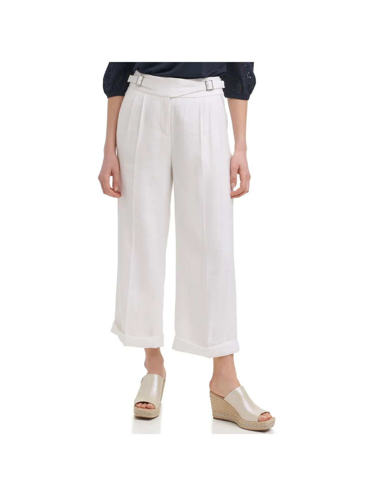 KARL LAGERFELD PARISize Womens Ivory Zippered Pocketed Cuffed Hem French Hook Fly Wear To Work Wide Leg Pants 10
