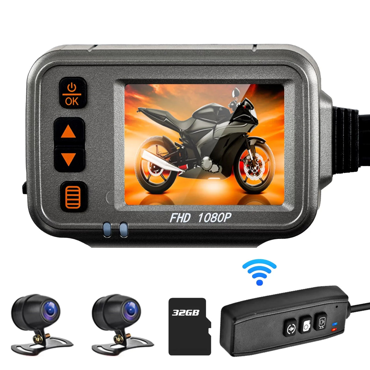 Pinnaco Motorcycle Dash Cam WiFi Dual 1080p Motorbike Camera Full HD Waterproof Night Vision - 32G Sizetorage Card Included