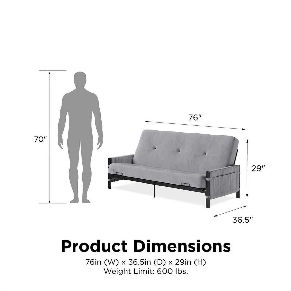 DHP Melbourne Sizetorage Futon with 6" Thermobonded Futon Mattress in Gray