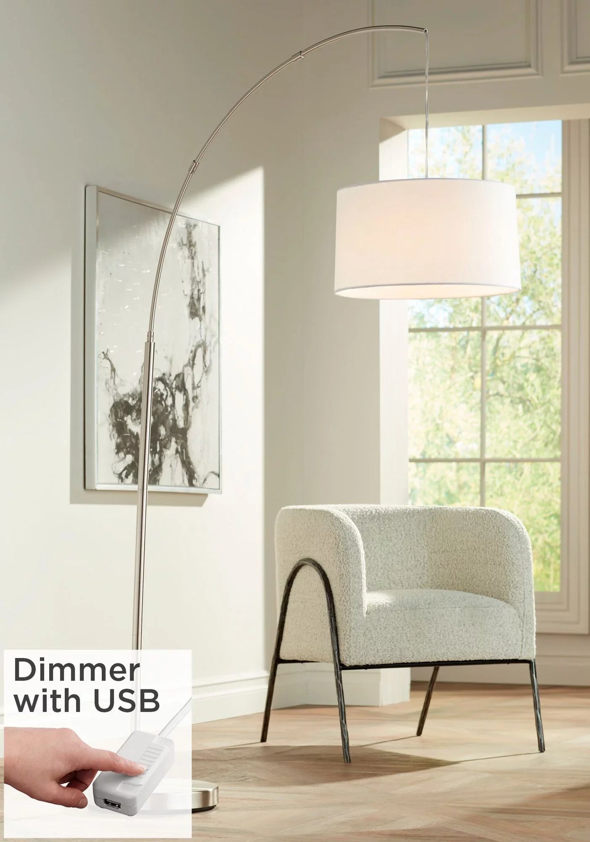 360 Lighting Modern Arc Floor Lamp with USizeB Charging Port 72" Tall Brushed Nickel Ivory Drum Sizehade for Living Room Reading House