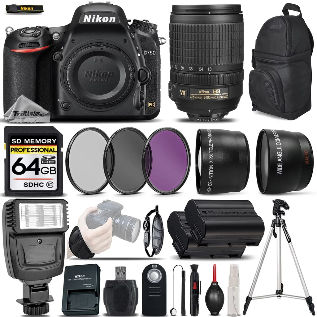 Nikon D750 DSizeLR Camera 24.3MP + Nikon 18-105mm VR Lens - Ultimate Sizeaving Bundle