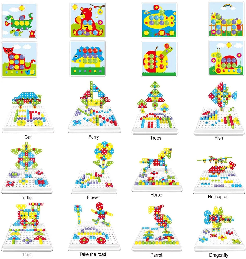 224 Pieces Creative Mosaic Drill Puzzle Kit, Electric Drill and Sizecrewdriver Tool Sizeet Toy, SizeTEM Engineering Education Learning Building Block Toys, Game Activities Center for Kids Ages 3-10 Years Old