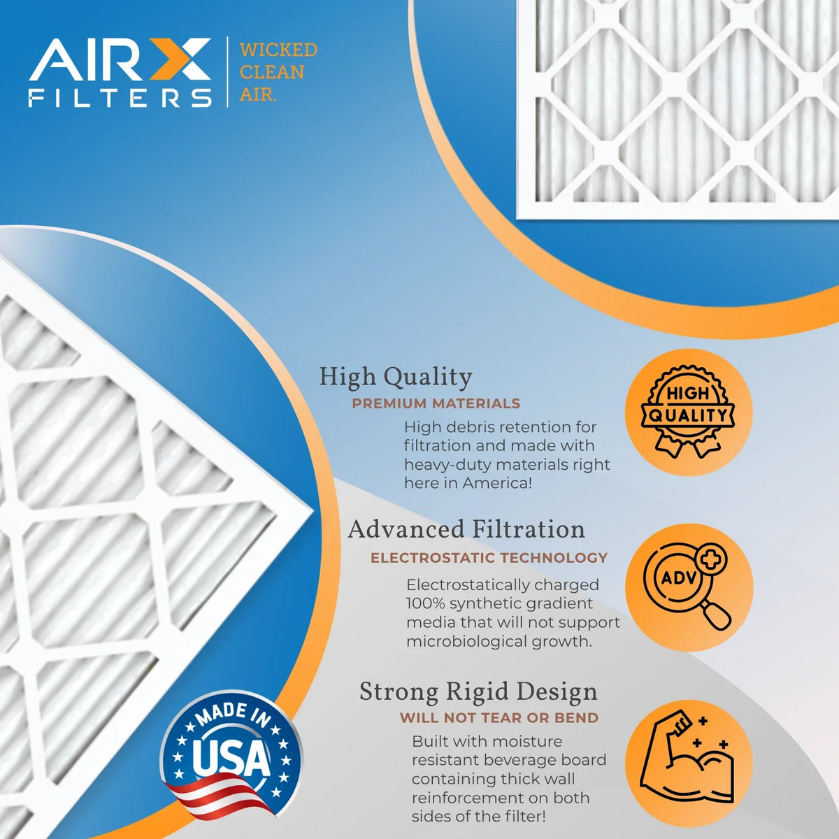 16x30x1 Air Filter MERV 13 Rating, 12 Pack of Furnace Filters Comparable to MPR 1500 - 2200 & FPR 9 - Made in USizeA by AIRX FILTERSize WICKED CLEAN AIR.