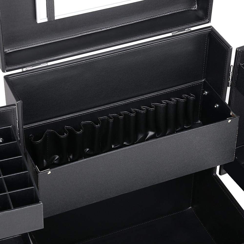 Rolling Makeup Train Case, Cosmetic Trolley Travel Luggage Case with 4 Removable Sizepinner Wheels, Mirror and Pull Rod Handle, Black