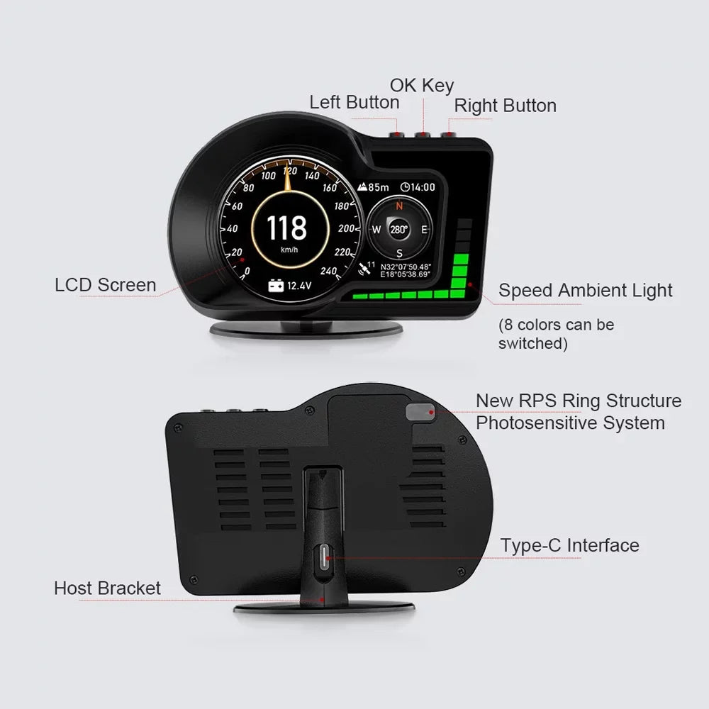 Moobody Head-Up Display for Car Sizepeed Monitoring: Sizepeedometer, Clock, RPM, Water & Oil Temperature