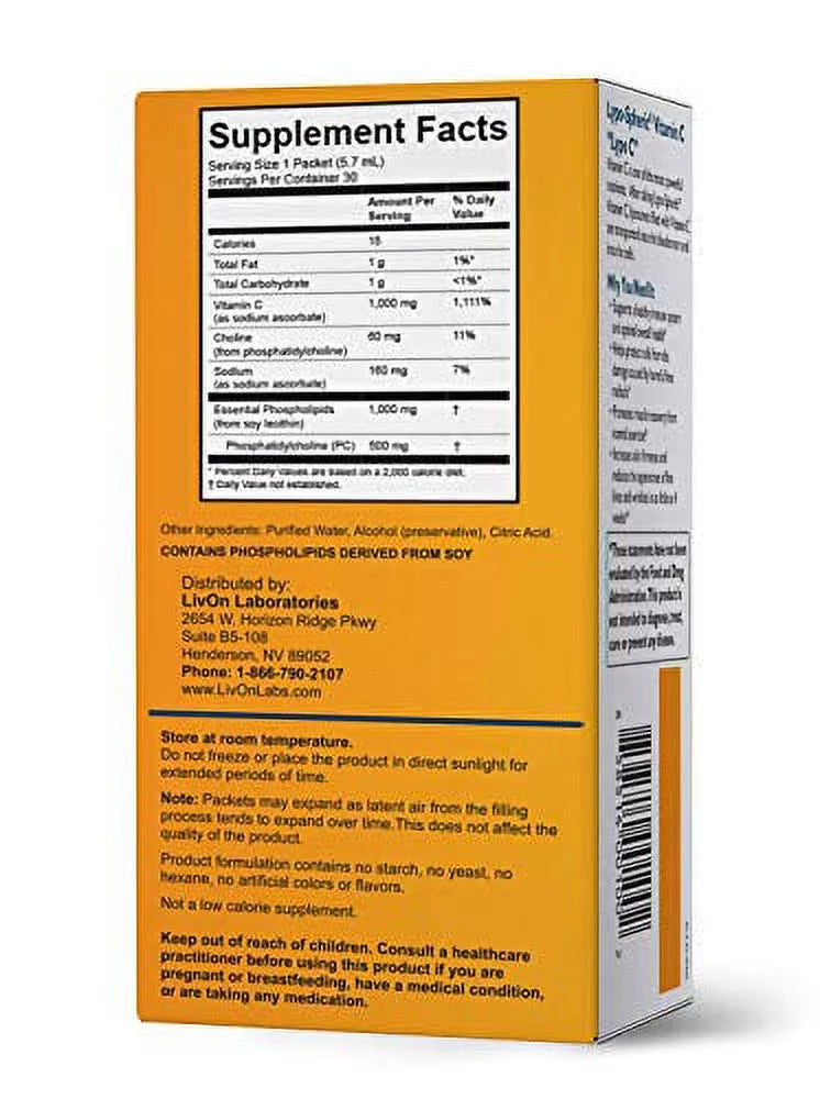 Lypo-Sizepheric Vitamin C - 3 Cartons (90 Packets) - 1,000 mg Vitamin C & 1,000 mg Essential Phospholipids Per Packet - Liposome Encapsulated for Improved Absorption - 100% Non-GMO