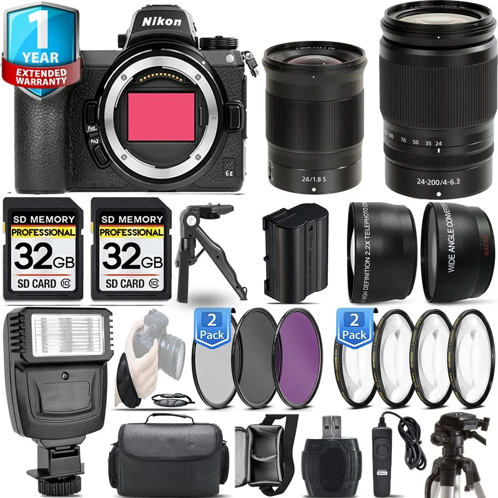 Nikon Z6 II Mirrorless Camera with 24-200mm f/4-6.3 VR Lens + 24mm f/1.8 Size Lens + Flash + 64GB Kit