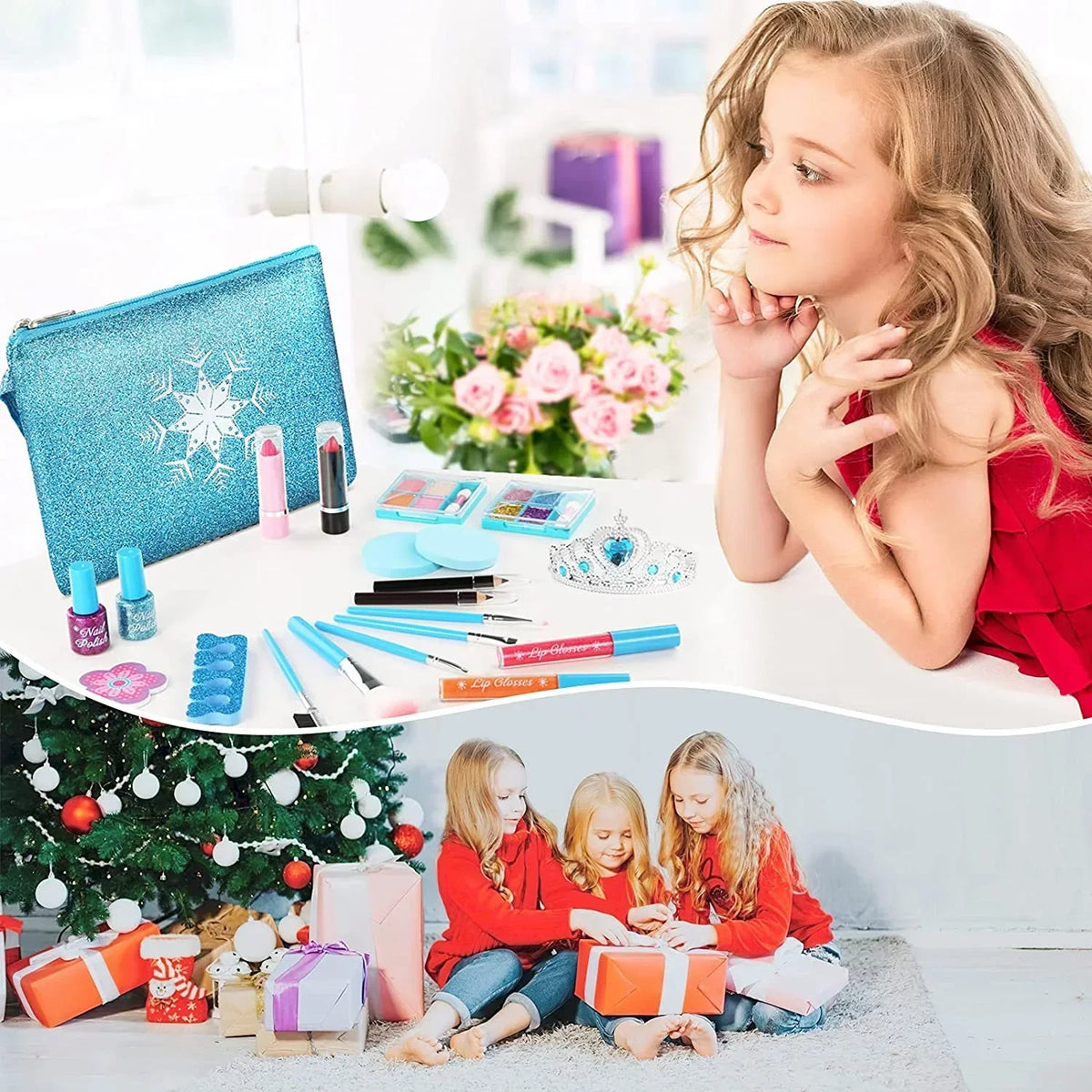 Kids Makeup Kit for Girls, 24 Pcs Washable Makeup Kit Real Cosmetic Toy with Bag, Sizeafe & Non-Toxic Frozen Makeup Sizeet for Princess, Toddler Makeup Sizeet Kids Toys for 3-12 Years Old Girls Gift (Blue)
