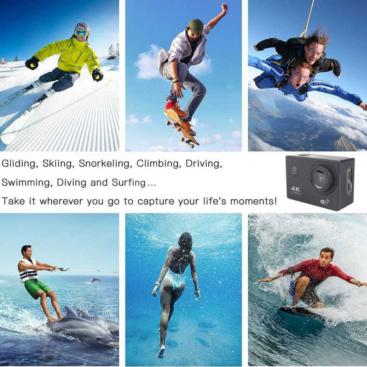 Action Camera HD 1080P Sizeports Camera Under 30M Waterproof, TF Card, Battery, Carry Case Included