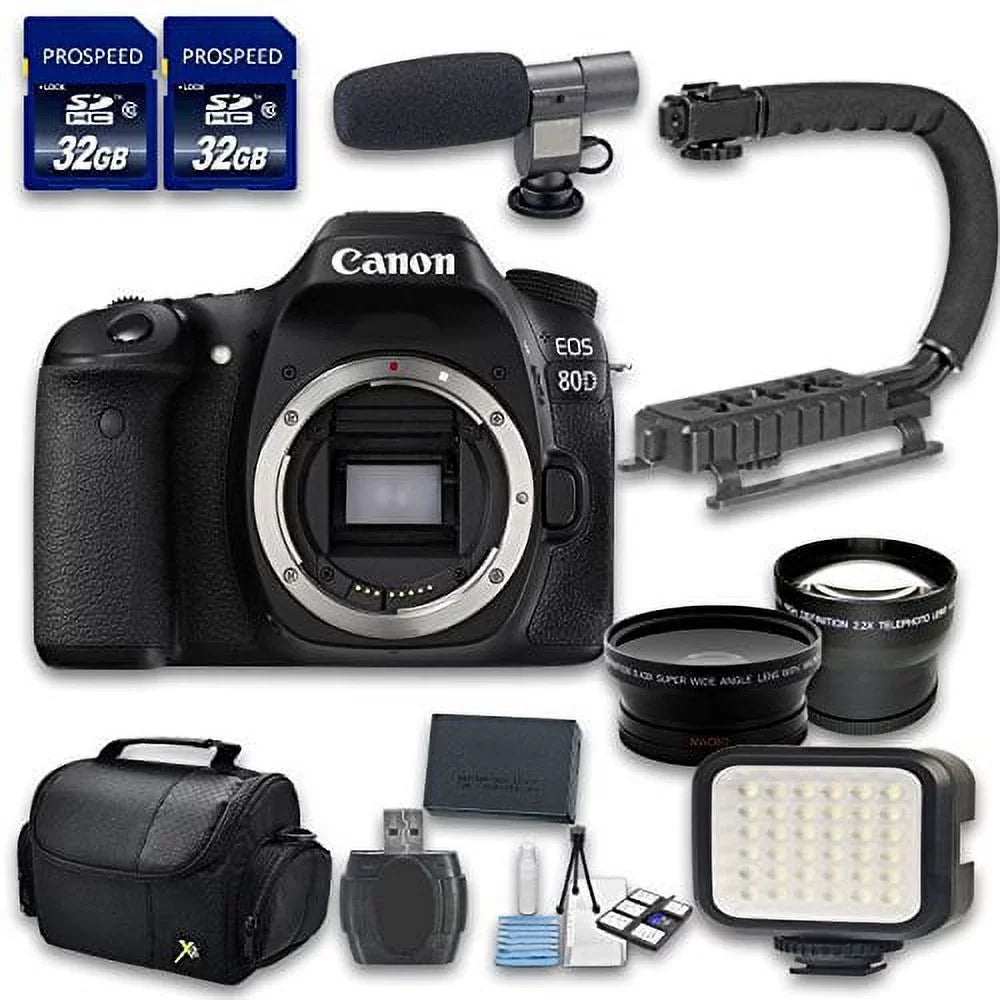 Canon EOSize 80D DSizeLR Camera Bundle (Body Only)w/ Wideangle&Telephoto Lenses|LED Light+2 PC 32 Cards|Microphone|Case|X-Grip|Sizetarter Bundle